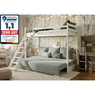 Kids Collective Hochbett 90x200 cm mit Schlafsofa 140x200 cm Couch in Cord-Stoff, 3 Kissen OEKO TEX 100 mit 3 Kissen Sofa Etagenbett weiß 200x90 salbeigrün weiß