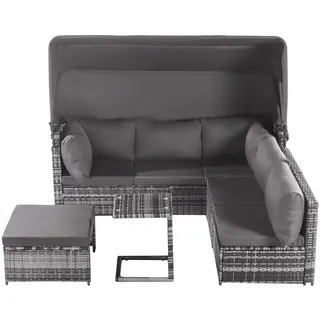 Gartenlounge-setrattan Sonneninsel Sitzgruppe, Sofa Mit Sonnendach, Hocker, Sesseln Und Tisch, Outdoor Gartenmöbel, Loungemöbel Balkon Und Garten, Terrassenmöbel, Wetterfest - Grau