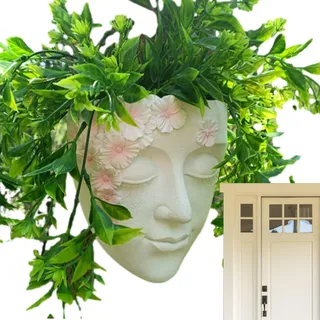 Pflanzgefäß Mit Frauenkopf – Hängevase, Gesichtsskulptur Aus Kunstharz | Dekorativer Wandbehälter, Vase Mit Humorvollen Charakteren, Vertikaler Künstlerischer Pflanzenhalter, Wandornament Für Den Balk