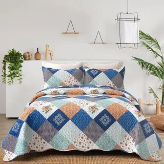 Famanu Bettüberwurf 240 x 260 cm Blau Patchwork - mit 2 Kissenbezügen 50 x 75 cm - Blau