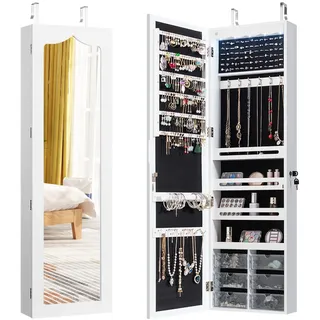 COSTWAY Schmuckschrank hängend, Sipegelschrank mit LED-Beleuchtung, Spiegel und 6 Schubladen, Hängeschrank für Tür- und Wandmontage, Schmuck Schrank für Schmuck & Kosmetik Aufbewahrung, Weiß