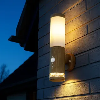 Wandleuchte Außen Lampe Bewegungsmelder Edelstahl Holz Optik Hof Garten Strahler
