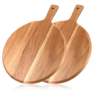 Pizzateller 30,5 cm, 2er Set, runde Servierteller aus Holz mit Griff, für Pizza