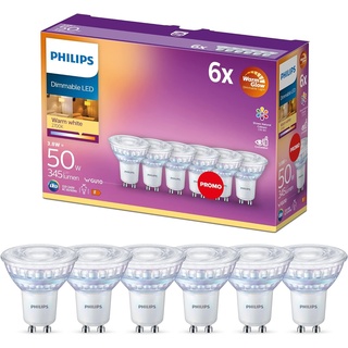 Philips LED Classic GU10 WarmGlow Lampe, 50 W, Reflektor, dimmbar, warmweiß, 6er Pack