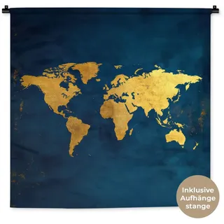 MuchoWow Wandteppich Weltkarte - Gold - Dunkelblau, Quadratisch, Höhe: 3 mm, Wandtuch für Wohnzimmer, Schlafzimmer, 90x90 cm blau Quadratisch | 90 cm x 90 cm x 3 mm