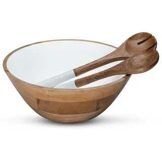 Folkulture Salatschüsseln oder Holzschalen mit Salatbesteck, große Servierschale oder Obstschale, Holzsalatschüssel-Set zum Mischen oder Werfen, 30,5 cm D x 12,7 cm H, Mangoholz, Weiß