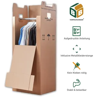BB-Verpackungen GmbH 2 x Kleiderbox 60 kg Traglast stabiler Kleiderkarton mit Kleiderstange 2-wellig Umzugskarton Textilkarton BB-Verpackungen