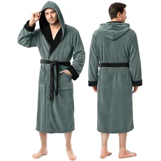 NY Threads Herren-Bademantel aus Fleece mit Kapuze, langer flauschiger Bademantel, Stahlgrau mit schwarzem Kontrast, Large-X-Large