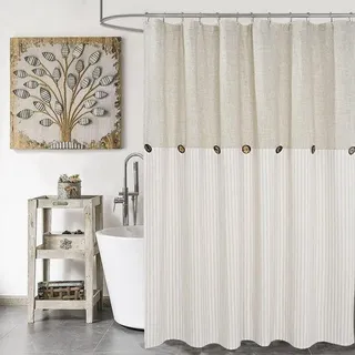 Beiger gestreifter Duschvorhang – rustikaler Charme – 1 Stück – Leinen-Baumwoll-Mischung – 180 cm x 180 cm - Beige