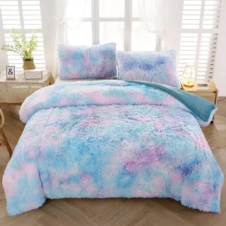 SUCSES Blaues Kunstfell-Bettbezug-Set für Queen-Size-Betten, Plüsch, zottelig, Regenbogen-Bettwäsche-Set für Kinder, Teenager, Mädchen, Frauen, Batikfärbung, flauschig, pelzig, Bettdeckenbezug-Set,
