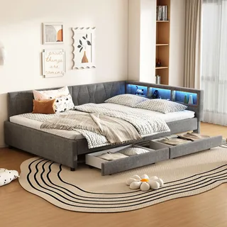 Merax Schlafsofa Tagesbett 140x200 cm mit Zwei Schubladen, LED-Lichtstreifen, USB+Type-C, Ablagefach am Bett, Bettrahmen mit Lattenrost (ohne Matratze), Leinen, Grau