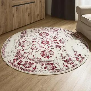 Interiyou Suzuka Vintage Teppich Wohnzimmer - 120x120 cm Rund Creme/Rot - orientalisches Muster Kurzflor für Wohnzimmer, Esszimmer, Schlafzimmer