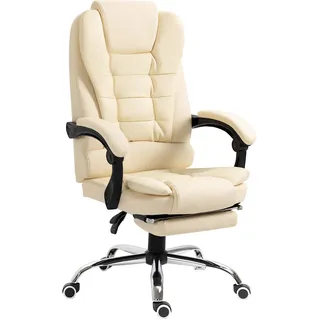 Homcom Chefsessel Bürostuhl mit Fußstütze, Schreibtischstuhl mit Neigefunktion, Höhenverstellbarer Computerstuhl mit Armlehne, Drehstuhl für Büro, Kunstleder, Creme