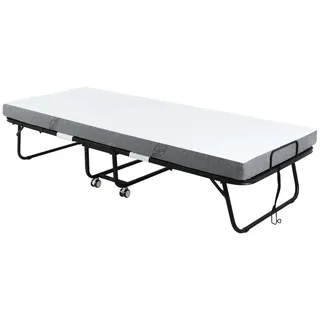 OKWISH Klappbett 200x75 mit Rollen und Matratze, faltbares Gästebett aus Stahl, platzsparendes Schlafbett mobil und stabil Weiß+Schwarz
