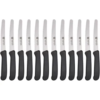 GRÄWE Tafelmesser 12 Stück, Messerset zum Schneiden, 12er Pack Brötchenmesser, Frühstücksmesser mit einseitigem Wellenschliff, Brotmesser, scharfe Messer für Brotzeit, 21 cm - Schwarz