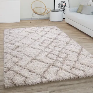 Paco Home Hochflor Teppich Wohnzimmer Schlafzimmer Boho Skandinavisch Shaggy Modern Rautenmuster, Grösse:80 cm Rund, Farbe:Creme Beige 2