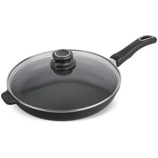 Set Original Gundel GUSS-BRATPFANNE mit Glasdeckel flach, Ø 28 cm, Höhe 4,5 cm, BIOTAN-Oberfläche, PFOA-frei, Pfannenset - abnehmbarer Designer-Stiel