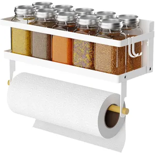 ARVINKEY Gewürzregal magnetisches Regal mit Papierhandtuchhalter Rolle und Haken, Faltbarer Kühlschrank magnetischer Gewürzhalter, Gewürz Organizer hängender Gewürzspeicherständer für Küche, weiß