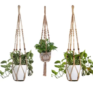 Alleshelfer Makramee Blumenampel 3 Stück, Blumenampel hängend Innen, Braun | Hängender Blumentopfhalter, Hängetopf für Pflanzen mit Baumwollseil für Innen Außen Decken Balkone Wanddekoration, 88/90/92cm
