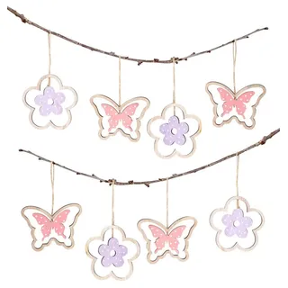 levandeo 8er Set Holz Anhänger Schmetterling Blume Natur Rosa Lila Dekohänger Frühling Ostern Osterstrauch Deko Osterdeko