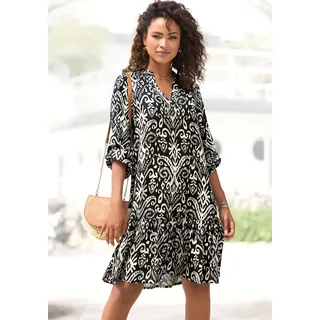 Longtunika VIVANCE, Damen, Gr. 38, blau (marine, beige), Web, Obermaterial: 100% Viskose, bedruckt, modisch, figurumspielend kniefrei, V-Ausschnitt, Langarm elastischer Bund mit innenliegendem Gummizug, Tuniken, mit Volant am Saum, lockeres Blusenkleid im Boho-Style, Strandkleid, Topseller