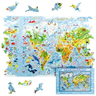 UNIDRAGON Original Holzpuzzle — Kinder Weltkarte, 100 Teile, 16.9 x 11.7 Zoll (43.1 x 29.7 cm) Schöne Geschenkverpackung, Einzigartige Form Erwachsene und Kinder