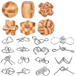 YGZN Metalldraht Puzzle Set von 22 mit Tasche, IQ Test Mind Game Denkaufgabe Zaubertrick Spielzeug für Kinder und Erwachsene (Wooden&Metal Puzzles 22pcs)