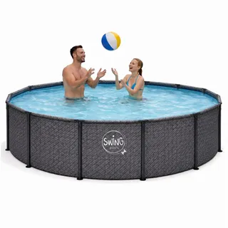 HAF Framepool Frame Pool Aufstellpool Schwimmbecken Grau Fischgräte rund 366 x 91 cm (Vollständiges Komplett Set mit Rahmen und Folie, Einfacher, schneller & unkomplizierter Aufbau), Lieferumfang OHNE Filter oder Pumpe grau Ø 366 cm x 91 cm