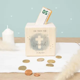 Spardose Taufe - Personalisierte Holzspardose - Geschenk zur Taufe, Taufgeschenk für Mädchen & Jungen - Sparschwein - hellomini (Kreuz Blau)