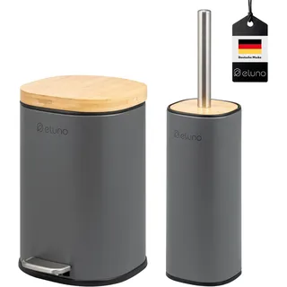 eluno Badezimmer Zubehör Set FRAMURA 2tlg. bestehend aus 1 Kosmetikeimer mit Soft-Close Deckel und 5 Liter Fassungsvermögen und 1 WC-Garnitur, aus Metall mit Bambusdeckel (Grau)