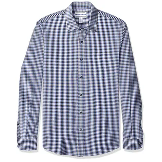 Amazon Essentials Herren Langärmeliges Business Hemd aus Popeline Schmale Passform, Schwarz Blau Vichy-muster, M