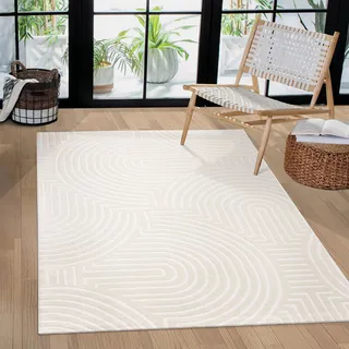 Paco Home Teppich Wohnzimmer Schlafzimmer Modern Kurzflor Skandinavisches Boho Muster Regenbogen japandi Geometrisch 3D Effekt Creme, Grösse:160x220 cm, Farbe:Creme 2
