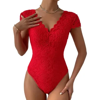 Haibang Body Damen Sexy Spitze V-Ausschnitt Kurzarm Bodysuit Elegant Stickerei Spitzenbody Floral Lace Rückenfrei Oberteil Slim Fit Jumpsuit Overall Sommer Damenbody Spitzenbluse Party Club Shirts - L