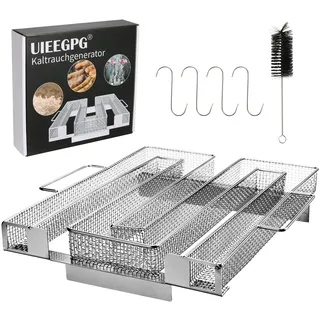 UIEEGPG Kaltrauchgenerator Edelstahl 304,Sparbrand Kalträucherzeuger,5-20h Laufzeit,für Smoker Räucherofen Kugelgrill Gasgrill,22,5x21,5x4,5cm