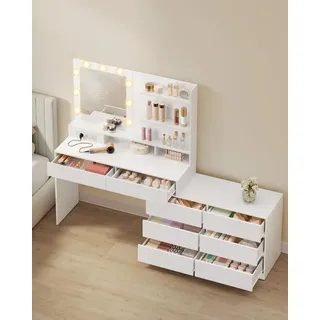 VASAGLE Schminktisch mit Kommode, gerade oder L-förmig, Frisiertisch mit Licht und Spiegel, einstellbare Lichtfarben, weiß - Weiß