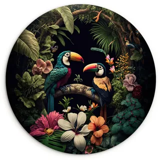 WANDBILD Vogel - Blumen - Pflanzen - Dschungel - Schwarz - Tukan Wanddeko Schlafzimmer 60x60 cm