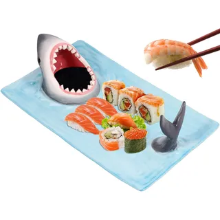 PEIZHIYC Sushi Teller Keramik Hai Sushi Teller 33x20x10cm Sushiplatte Snackplatte mit 3D-Hai-Design, Niedlich Japanisch Blau Charcuterie Board Shark, Küche Esstisch Dekoration ideal für Partys