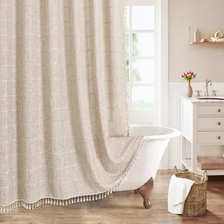 MitoVilla Boho Landhaus Duschvorhang-Set, moderner Baumwoll-Leinen-Stoff, Duschvorhänge für neutrales Landhaus-Badezimmer-Dekor, Hellbraun, Bohemian-Stil, rustikal, Taupe, 183 x 183 cm