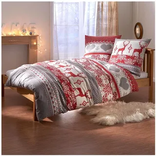 Traumschlaf Hirsch Tiere Baumwolle Grau/Rot 155 x 220 cm + 80 x 80 cm