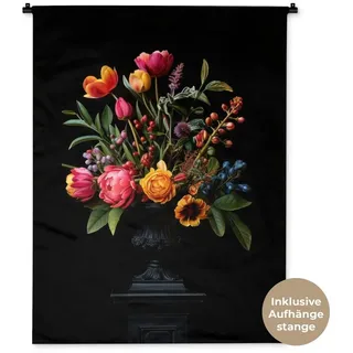MuchoWow Wandteppich Tulpen - Beeren - Blumenstrauß - Vase, Rechteckig, Höhe: 3 mm, Wanddeko Teppich Wohnzimmer, Schlafzimmer, 90x120 cm Rechteckig | 90 cm x 120 cm x 3 mm