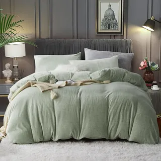 Flauschige Bettwäsche Plüsch 135x200 Winter Fleece Kuschelige Grün Samt Thermo Bettwäsche Set 135 x 200 Hellgrün Uni Cashmere Touch Warm Weich Microfaser Winterbettwäsche Set Bett mit Reißverschluss