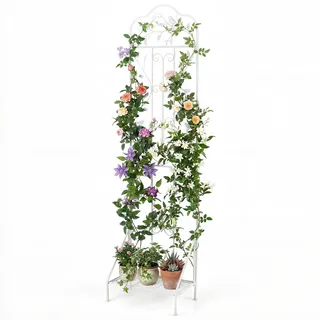 HOMASIS Rankgitter Metall, Rankhilfe mit Blumenständer, Spalier Pflanzstütze zum Stecken, dekorative Gartenzaun für Kletterpflanzen, Gartenspalier für Rosen Blumen Tomaten (1, Weiß)