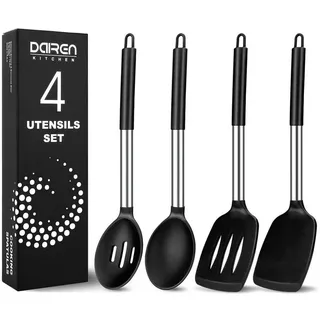 DaiRen Kitchen Kochbesteck-Set Silikon Pfannenwender Kochlöffel Set Edelstahlgriff Antihaft