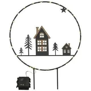 finehomegarden Dekofigur Ring Dekoring mit Timer Metall LED Gartenstecker Außenbereich (1 St), Haus Tannenbaum Ø35cm H45cm schwarz/natur Weihnachten Advent schwarz