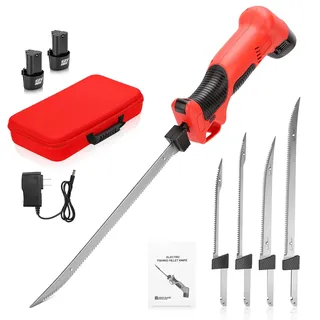 WODHMIEY Elektromesser Kabellos Elektrisches Messer Filetiermesser mit 4 Hochkohlenstoffstahl Klingen 26–39cm 2 Akku Rutschfester Griff Sicherheitsschalter Angelbedarf Camping Set mit Koffer