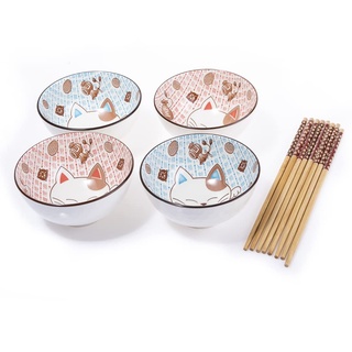 lachineuse - Set mit 4 Schüsseln japanischer Katze (Ø 11 cm) – Reisschüsseln, Frühstück & Suppe – japanisches Geschirr aus Porzellan – mit Essstäbchen – Maneki Neko Glücksbringer – Geschenk Deko