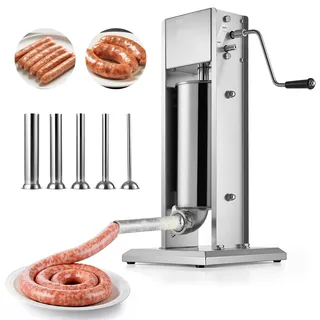 Vevor manueller Wurstfüller 5 L vertikale Wurstfüllmaschine Fleischfüller mit 2 Geschwindigkeiten (schnell / langsam), Hochleistungsfüller aus Edelstahl mit 5 Wurstfüllrohren, Fleischfüllen