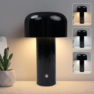EXTRASTAR LED Pilzlampe, Dimmbar Touch-Tischlampe mit 3 Farbtemperatur und USB-C, Kabellos Tischlampe für Schlafzimmer & Wohnzimmer,Schwarz