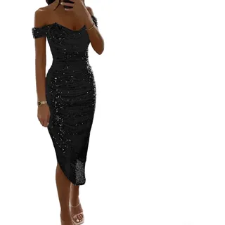 Elegantes Damen Schulterfreies Ballkleid Pailletten Abendkleid Ärmellos V-Ausschnitt Stil Geeignet Für Hochzeit Party Anlass Mit Leichtem Stretch(XL Black)