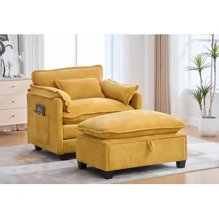LVHOM XXL-Sessel Großer Samtsessel Set mit Stauhocker/Ottomane & Seitentaschen (Moderner Loungesessel. Übergroße Sitzfläche und -tiefe, Doppelpolster (fest/weich) + Stauraum für maximalen Komfort, Relaxsessel mit Hocker), Relax-Lösung für Wohnzimmer, Schlafzimmer oder kleine Apartments gelb